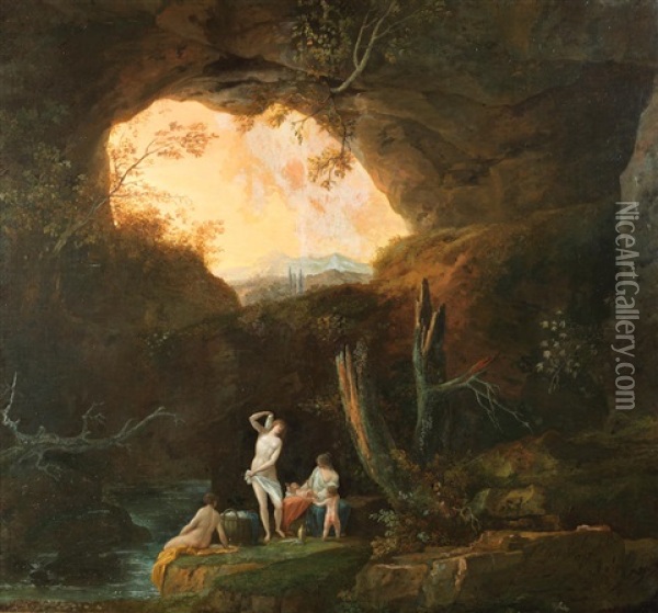 Figures Bathing In A Landscape; A River Landscape With Figures Fishing (2) Oil Painting - Jules Cesar Denis van Loo