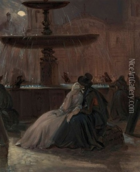 A Lovers' Tryst By Moonlight, Plaza Mayor, Lima Oil Painting - Johann Moritz Rugendas