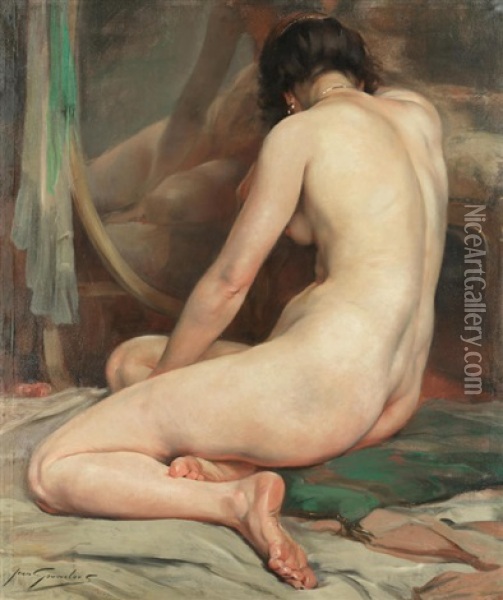 A Seated Nude Before A Mirror Oil Painting - Jean Leon Henri Gouweloos