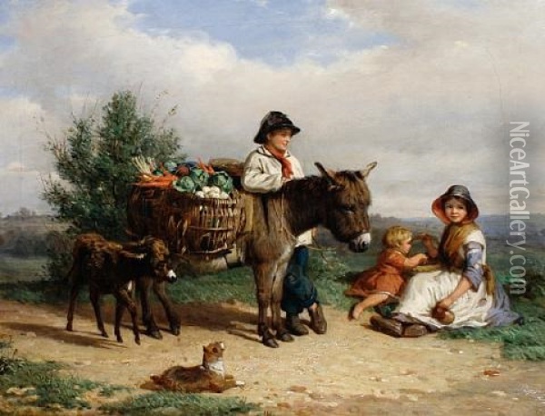 A Pause On The Way To Market Oil Painting - J. O. Banks