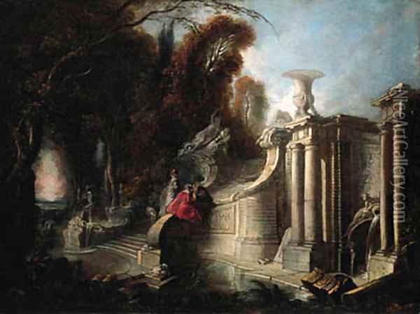 A park landscape with an elegant company conversing on a staircase Oil Painting - Jacques de Lajoue