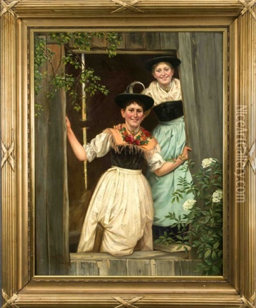 Zwei Schwestern In Trachten Blicken Durch Die Offene Stallpforte Oil Painting - Otto Kirberg