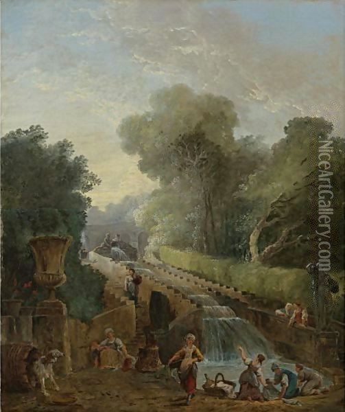 A View Of The Cascade At The Villa D'Este, Rome, With Women Washing Clothes At Its Base Oil Painting - Hubert Robert