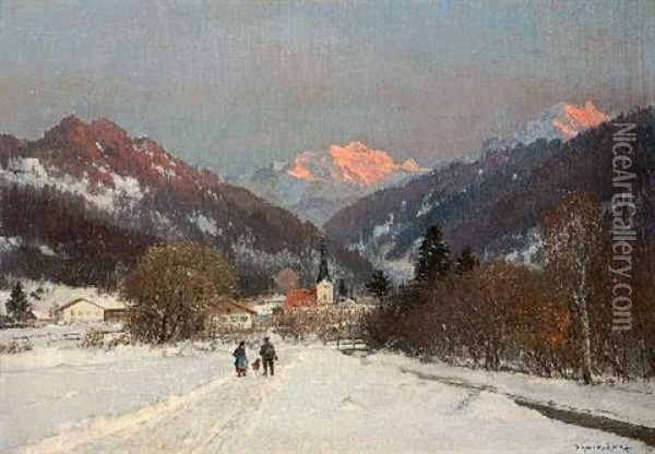 Winterliches Dorf In Den Bergen Oil Painting - Anders Andersen-Lundby