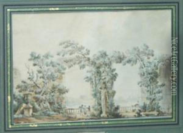 Promeneurs Dans Un Parc Avecruines Oil Painting - Louis-Gabriel Moreau the Elder