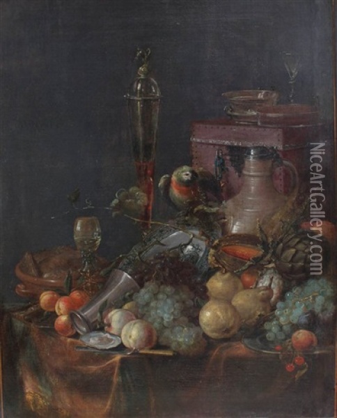 Large Fruit Still Life On A Draped Table With Ceramaic, Glasses And Silver Objects, A Knife And A Red Velvet Casket By A Roemer Glass, On Bronze Stand A Parrot, In Front Of Dark Background Oil Painting - Jan Davidsz De Heem