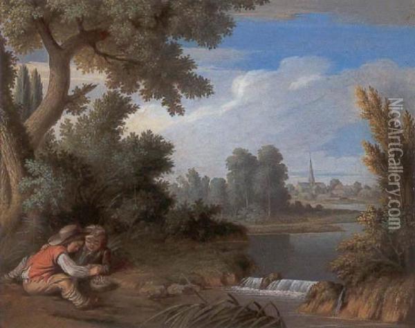 Children With A Birds Nest By A River Oil Painting - Jean Benard