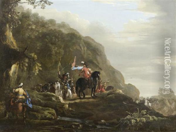 Soldiers Riding In A Landscape Oil Painting - Pieter Wouwermans or Wouwerman