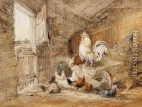Chickens And A Rooster In A Barn Oil Painting - William Henry Hunt