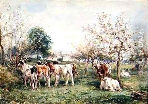 Calves in a Cherry Orchard Oil Painting - Mark Fisher
