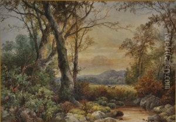 Sheep Grazing Amongst Tees In A Mountainous Landscape Oil Painting - John Holding