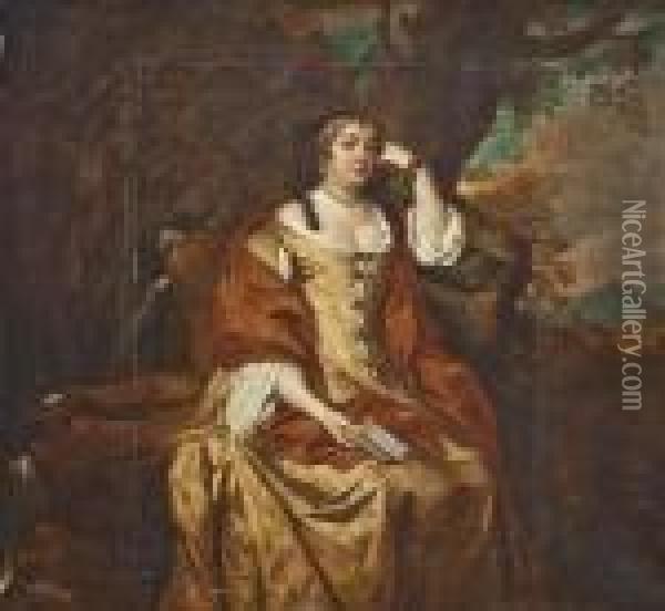 Portrait Of Anne Hyde, Duchess 
Of York (1638-1671), Full-length, In An Ochre Dress And Rust Wrap, 
Holding A Book, Seated In A Landscape, Beside A Waterfall Oil Painting - Sir Peter Lely