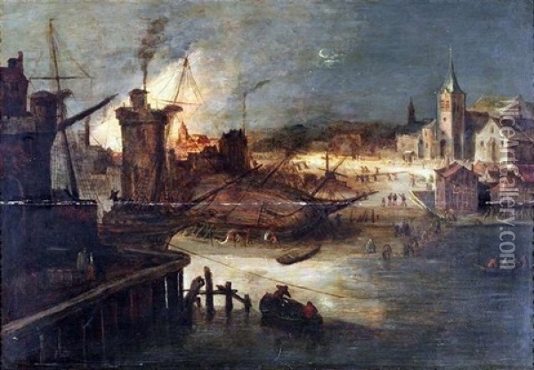Schiffswerft In Einem Stadthafen Mit Einer Nachtlichen Feuersbrunst Oil Painting - Daniel van Heil