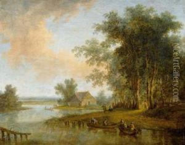 Flusslandschaft Mit Fischern Und Ihren Booten. Oil Painting - Johann Christian Brand