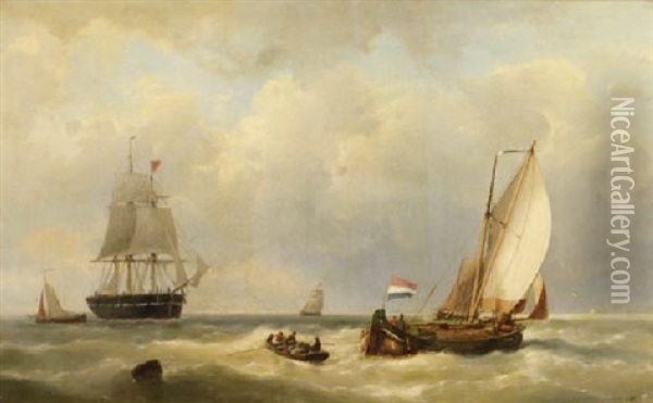Sailors In A Rowing Boat Approachinf A Three-master At Sea Oil Painting - Johannes Hermanus Barend Koekkoek