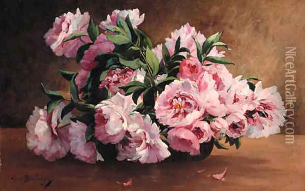 Pink peonies in a bowl Oil Painting - Louis Boulanger