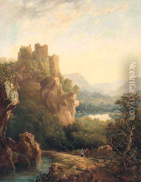 Figures resting on a Path before a hilltop Castle Oil Painting - Margaret Nasmyth