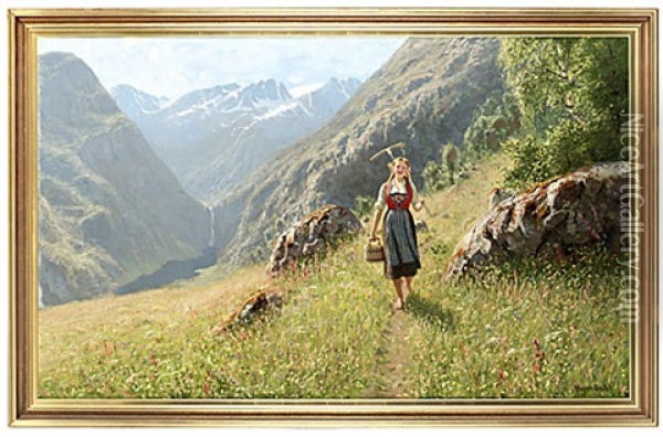 Fjordlandskap Med Flicka Oil Painting - Hans Dahl