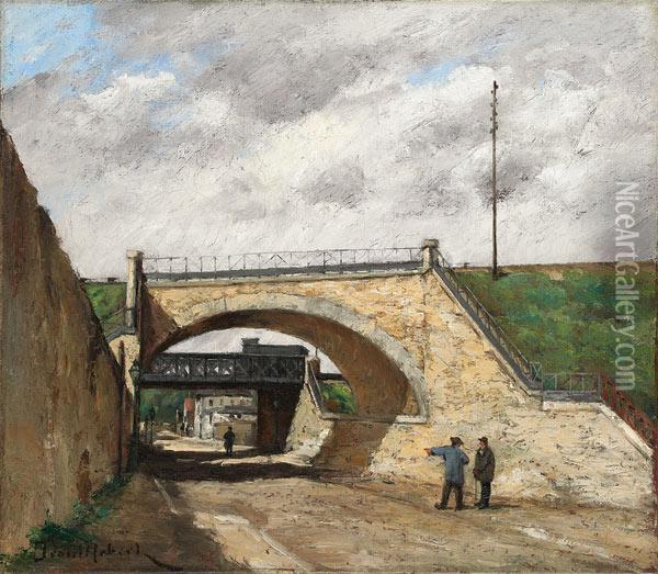 Le Chemin De Fer De Ceinture, Le Pont De La Rue Rottenbourg A Paris Oil Painting - Paul Trouillebert