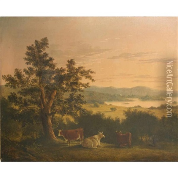 Cows Overlooking A River At Sunset Oil Painting - Thomas Hewes Hinckley