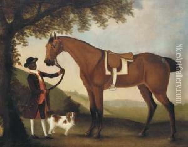 A Saddled Hunter Held By A Groom With A Terrier Oil Painting - Francis Sartorius