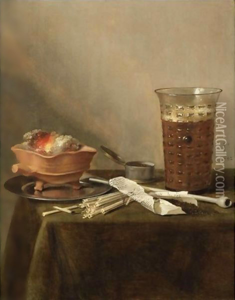 Still Life With A Brazier, A Glass Of Beer And A Clay Pipe Oil Painting - Pieter Claesz.