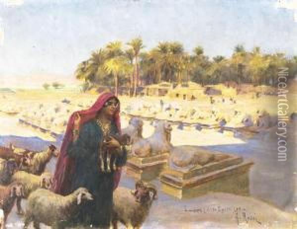 Il Viale Delle Sfingi, Luxor Oil Painting - Alberto Rossi