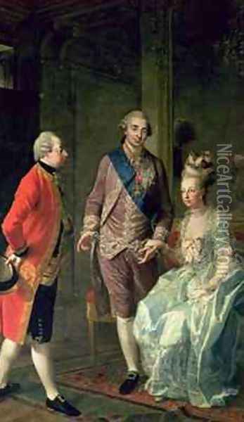 Archduke Maximilian Franz visiting Marie Antoinette 1755-93 and Louis XVI 1754-93 Oil Painting - Josef Hauzinger