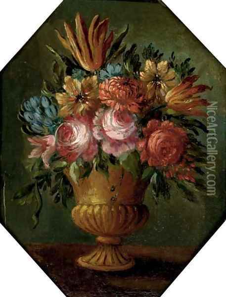Parrot tulips, roses, chrysanthemums and other mixed flowers in an urn Oil Painting - dei Fiori (Nuzzi) Mario