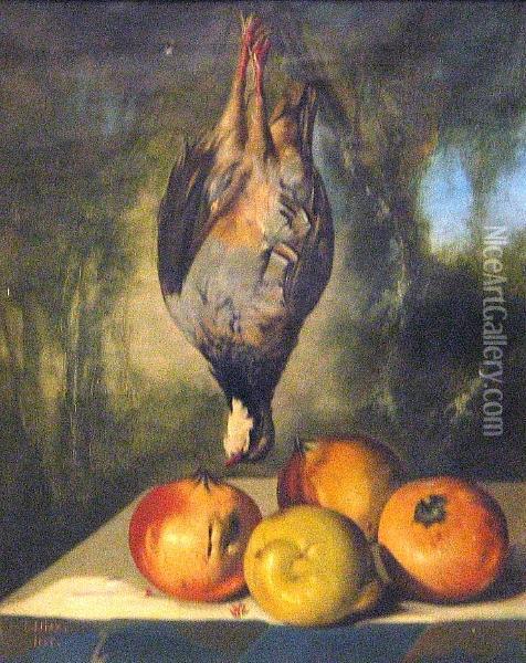 A Still Life With A Duck And Oranges And A Lemon On A Ledge; And A Companion Still Life (a Pair) Oil Painting - Gumersindo Diaz