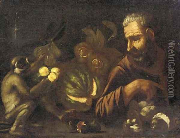 A man and a monkey with a melon, figs, mushrooms and peaches on a table Oil Painting - Tommaso Salini (Mao)