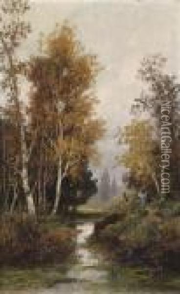 Autumn Mood Over A Brook Landscape With Human And Animal Figures Oil Painting - Adolf Kaufmann