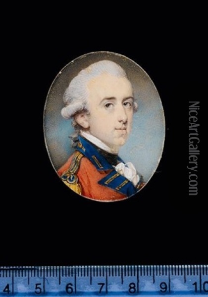 Sir Francis Clarke Wearing Scarlet Coatee With Blue Facings And Gold Epaulette, Frilled White Chemise And Black Stock Oil Painting - Jeremiah Meyer