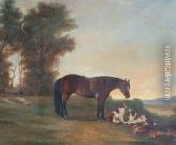 A Horse, Two Spaniels And Dead Game Oil Painting - Henry Bernard Chalon