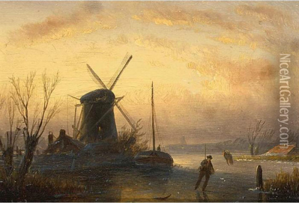 A Winter Landscape With Skaters Near A Windmill Oil Painting - Jan Jacob Coenraad Spohler