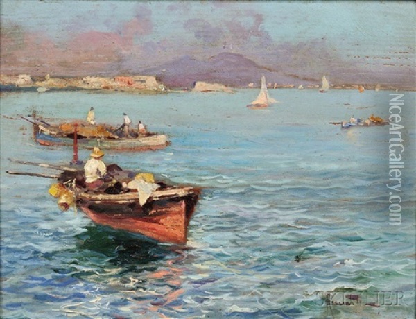 Italian Coastal View With Fishing Boats Oil Painting - Oscar Ricciardi