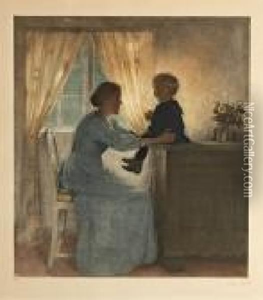 Interior Wih Woman Seen From The
 Back. Signed And Numbered With Led Peter Ilsted 150/123. Mezzotint In 
Colours. 35 X 32 Cm Oil Painting - Peder Vilhelm Ilsted
