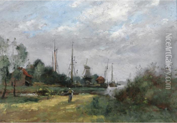 A Walk Near The Windmills Oil Painting - Paul Trouillebert