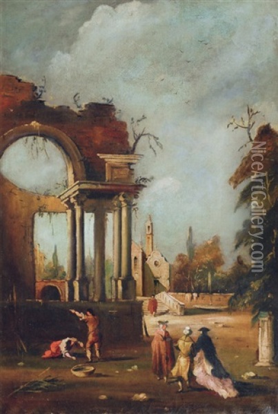 Landscape With Temple, Church And Figures Oil Painting - Michele Marieschi