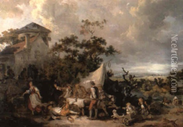 Paysans Attables Devant Une Auberge Oil Painting - Jean-Baptiste Leprince