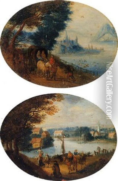 River Landscape With Travellers, A View Of A Town Beyond Oil Painting - Jan Brueghel the Elder