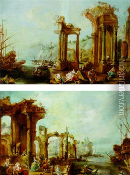 Mediterranean Port Scene With Architectural Capricci Oil Painting - Michele Marieschi