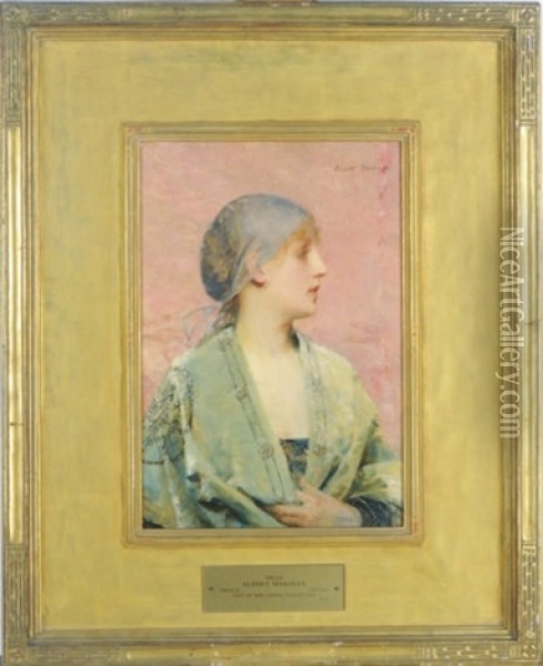 A Girl Wearing A Green Shawl Oil Painting - Albert (Pierre Rene) Maignan