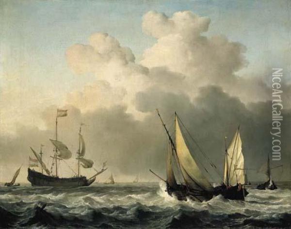 A Wijdschip Close-hauled In A Fresh Breeze, With Other Shipping Oil Painting - Willem van de, the Elder Velde