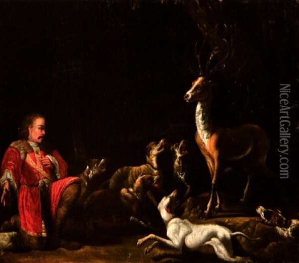 Saint Hubert Devant Le Cerf Oil Painting - Abraham Danielsz Hondius