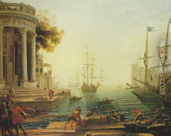A Seaport At Sunset With Figures Oil Painting - Claude Lorrain