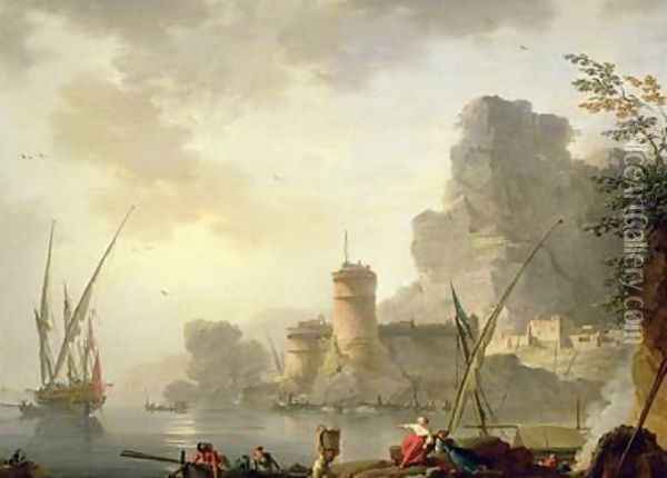A Mediterranean Harbour Scene at Sunset Oil Painting - Charles Francois Lacroix de Marseille