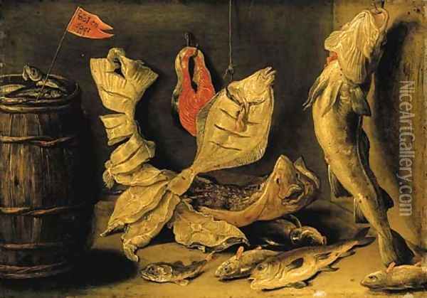 Plaice, skate and other fish beside a barrel Oil Painting - Jan van Kessel
