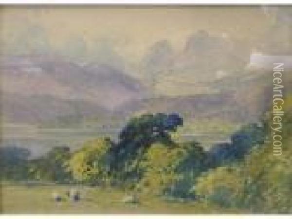 Irishlandscape Of Hills And Lake, Sheep In Foreground Oil Painting - Mildred Anne Butler