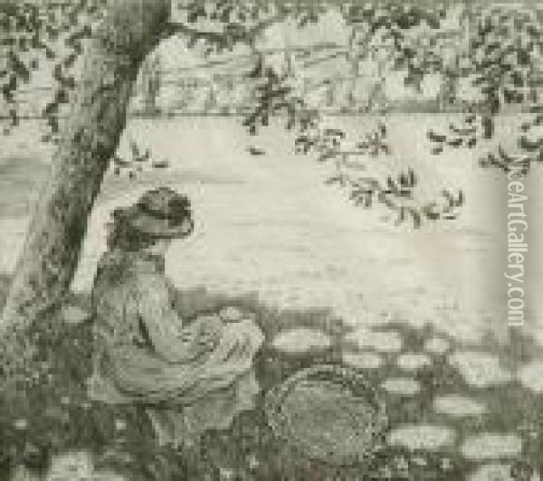 Girl Seatedbeneath A Tree Oil Painting - Lucien Pissarro